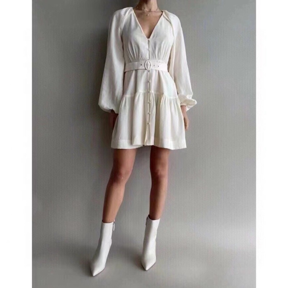 Jonathan Simkhai V-Neck Belted Mini Dress with Sleeves in Ivory (Cream/White)